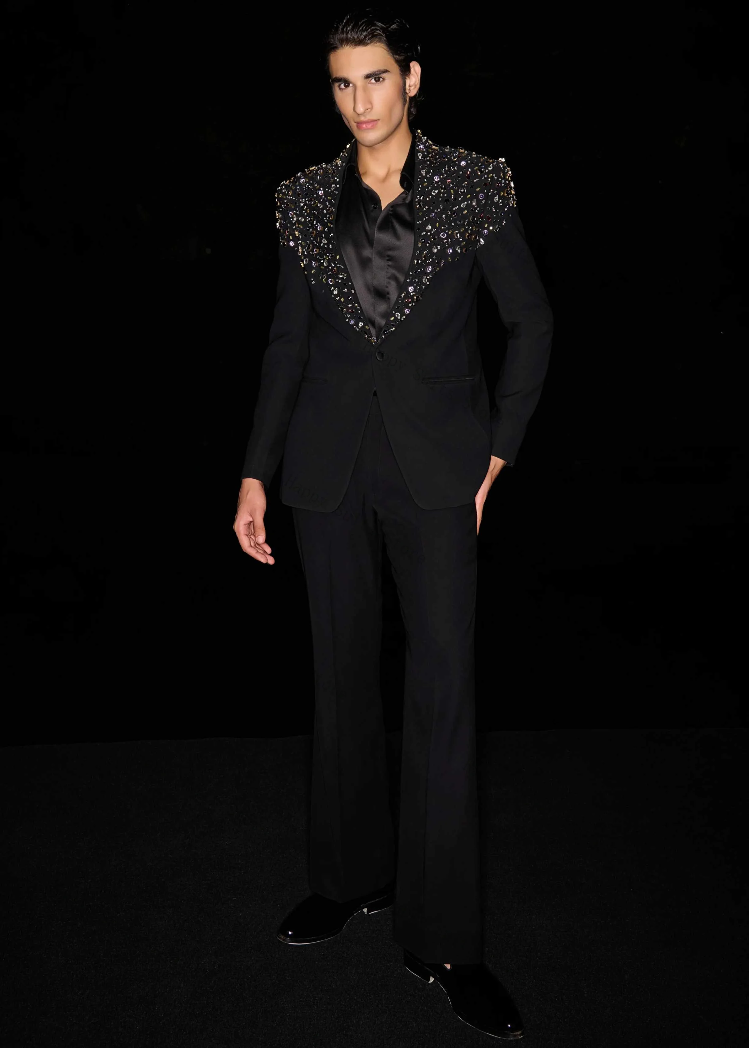 

Black Men Suit Set 2 Pieces Blazer+Cotton Pants Trouser Luxury Stone Crystal Wedding Tuxedo Formal Office Customized Jacket Coat