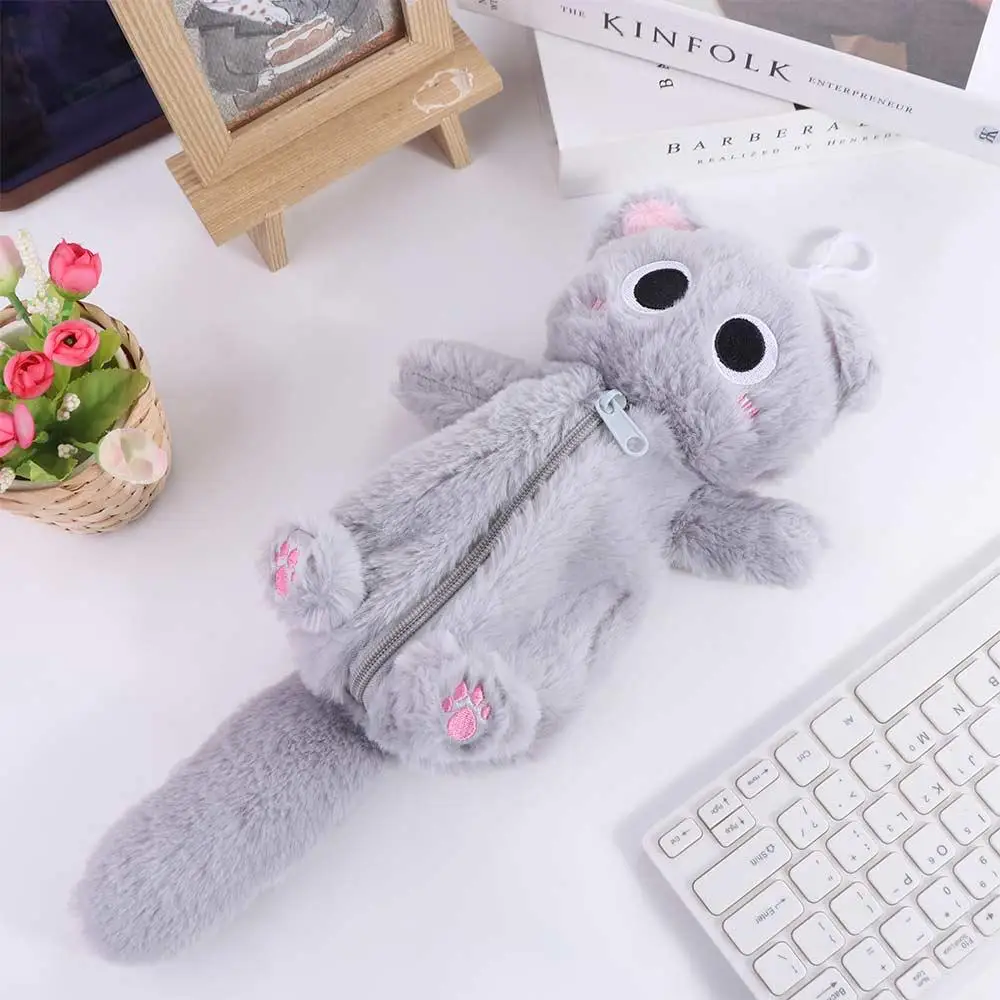 Plush Gray Cat Pencil Bag Thicken Large Capacity Cute Kitten Pencil Case Zipper Soft Kitten Stationery Bag Desktop Organizer