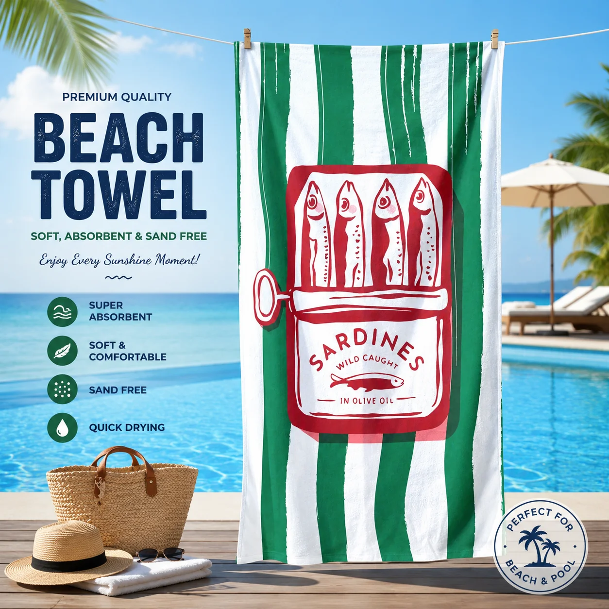 Toalla de Playa a Rayas con Diseño Divertido, Extra Grande, Suave, Absorbente, de Secado Rápido, Ligera, sin Arena, para Piscina y Viajes