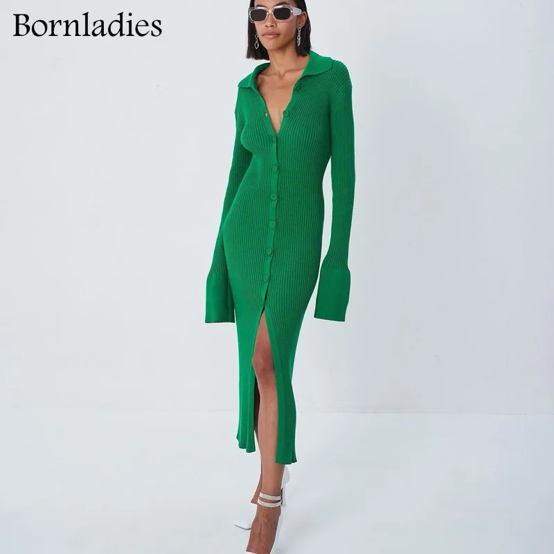 Bornladies Donna 2021 Autunno Nuovo Stile delle Donne a maniche lunghe con scollo a V Bottone lungo Manica svasata Donna Abito maglione verde