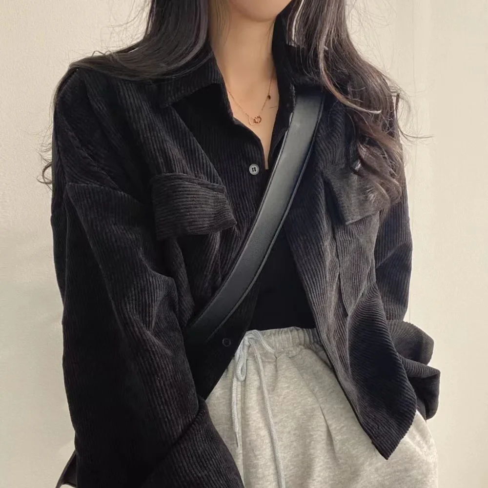 French Vintage 2024 Spring Single-Breasted Women's Chic Lapel Corduroy Long Sleeve Jacket Trendy Korean Style Loose Fit