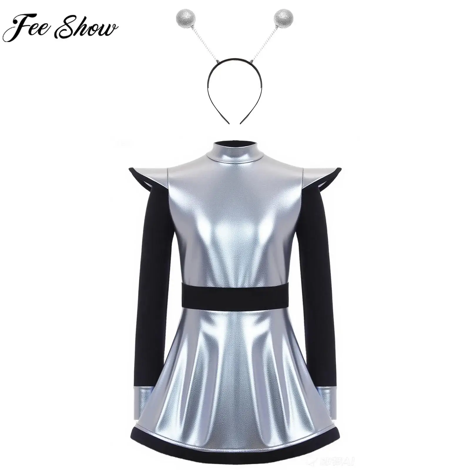 Children Girls Halloween Carnival Party Alien Space Cadet Robot Astronaut Cosplay Costume Metallic Shiny Zipper Leotard Dress