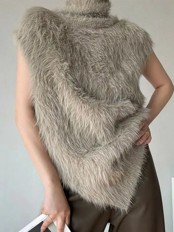 

Осень-зима, свободный повседневный вязаный жилет, женский жилет на пуговицах с высоким воротником, жилет из искусственного меха, модный многослойный топ