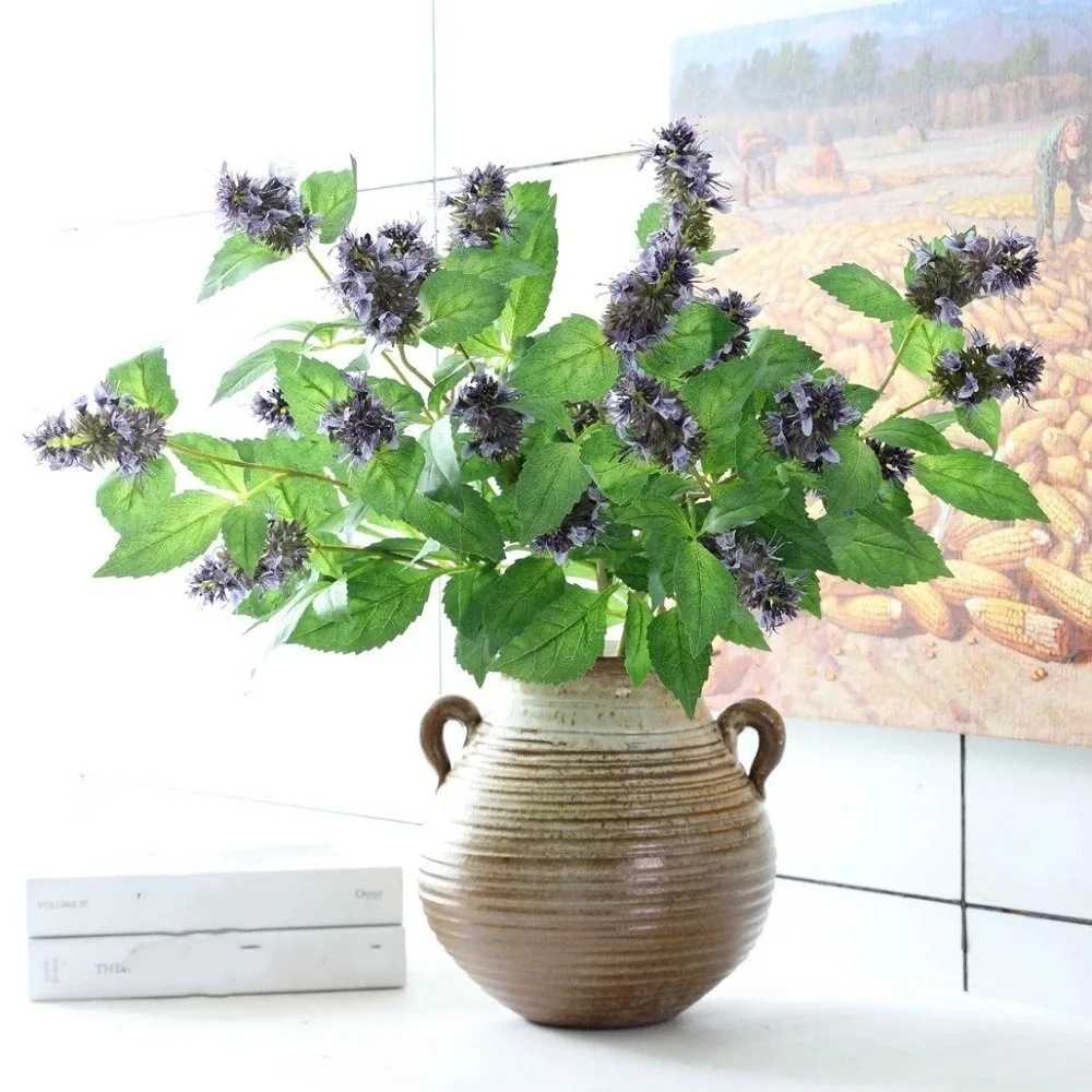 Rama de Pogostemon Artificial de 3 Cabezas con Espiga, Flor de Tallo Alto, Rama de Pachulí Falsa, Plástico con Textura Realista, Simulación de Pogostemon