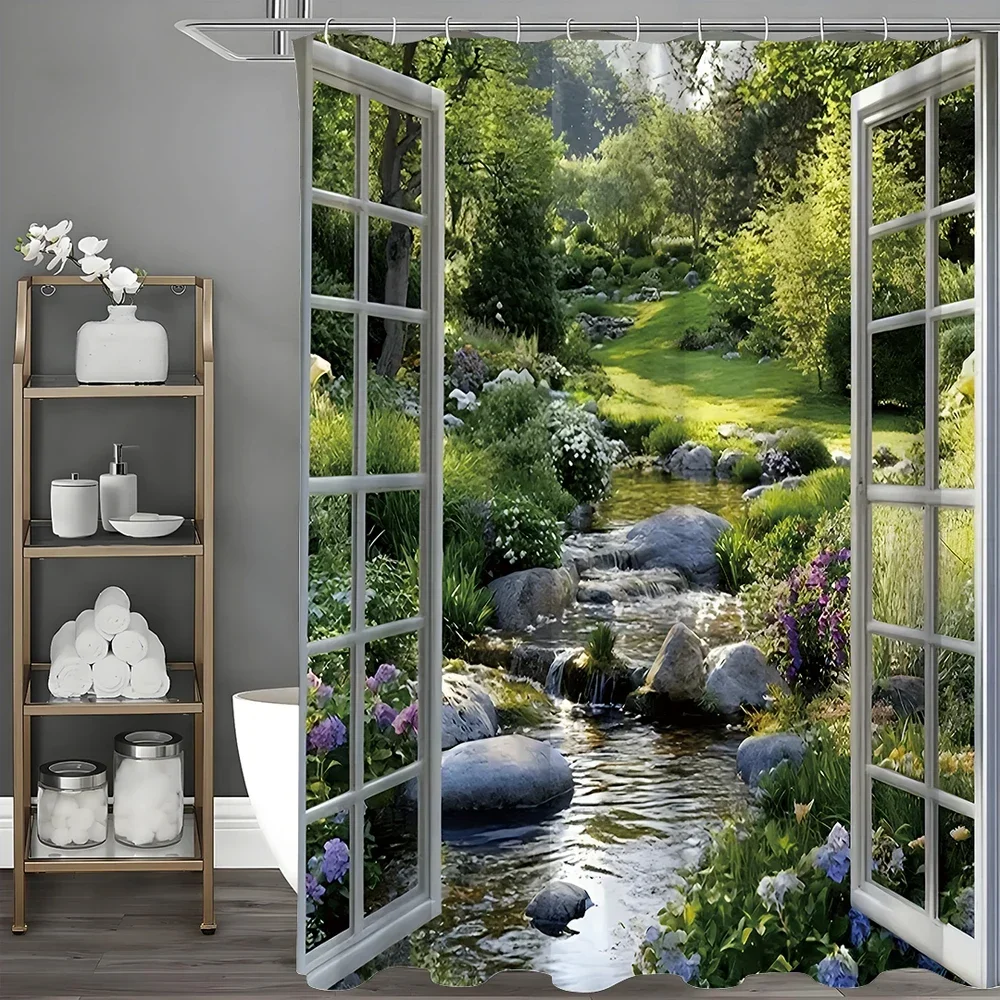 Forest Stream Window Shower Curtain, Bathroom Decorative Shower Curtain, Waterproof Shower Curtain with Hooks
