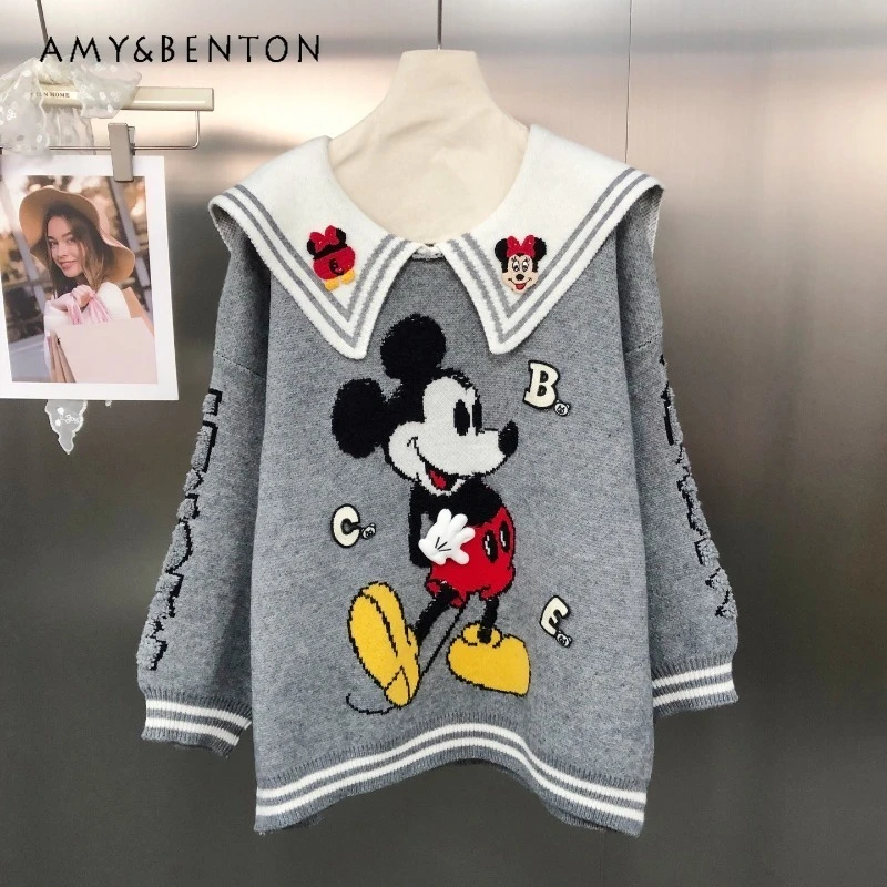 

Kawaii Y2k Age-Reducing Knitwear Navy Collar Embroidered Cartoon Jacquard Loose College Pullovers Sweater Jacket Autumn New Coat