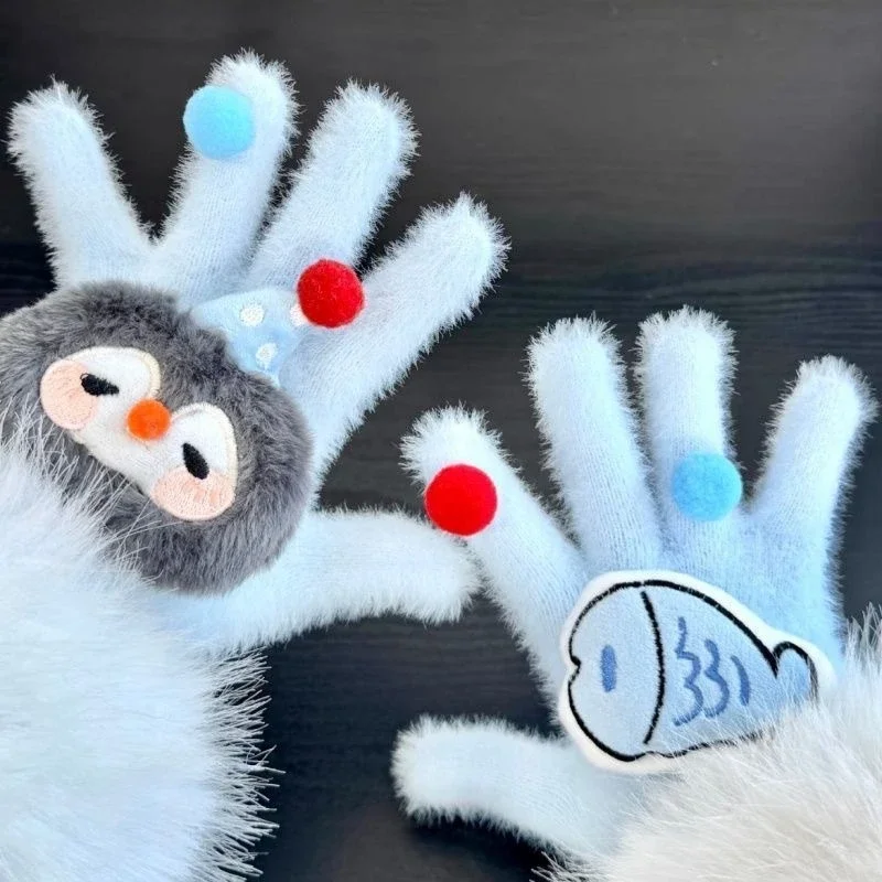 

Плюшевые перчатки с рисунком пингвина, утолщенные меховые перчатки, зимний теплый комплект шарфов, милые студенческие велосипедные перчатки для девочек, ветрозащитные
