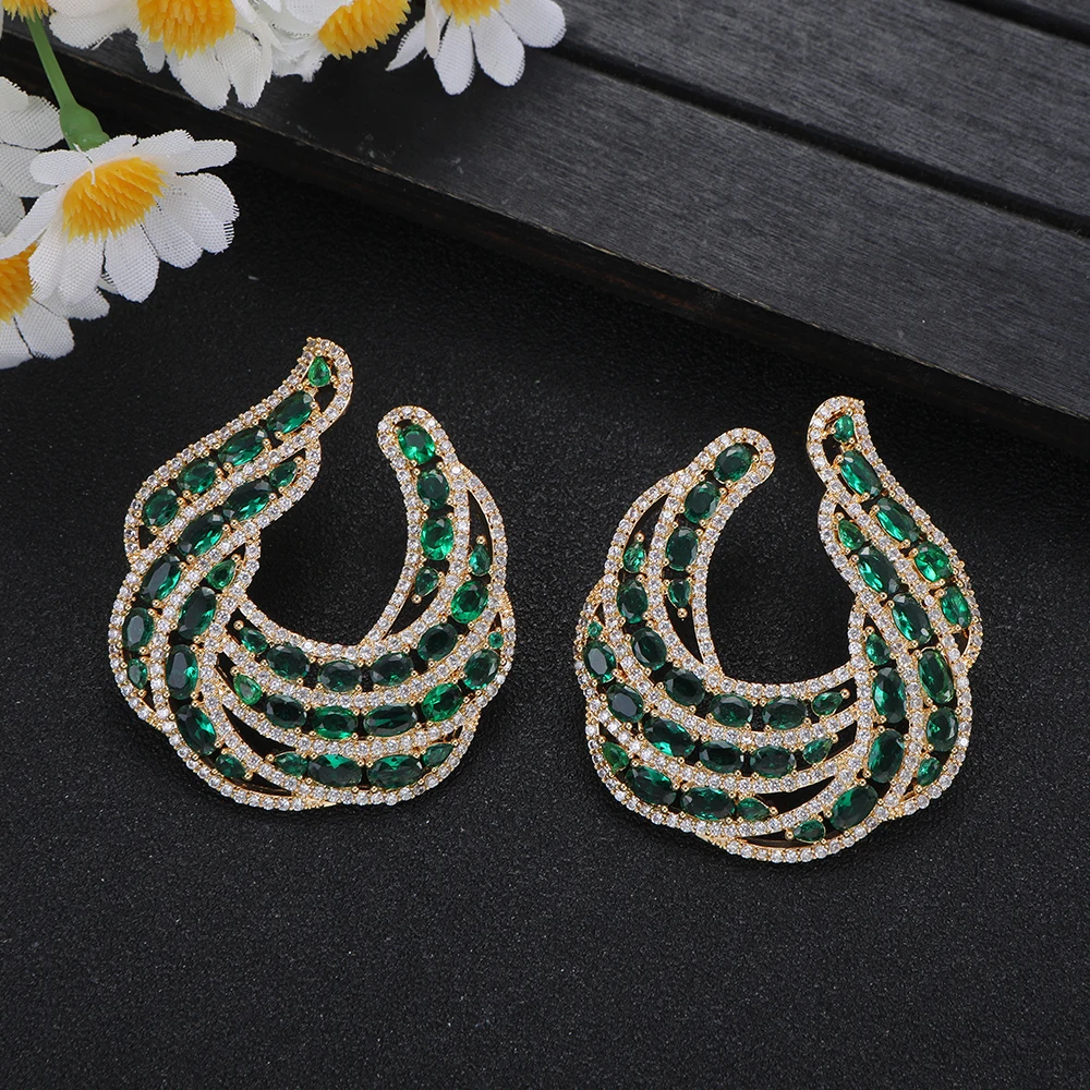 Luxury Gold-Tone Emerald Pave Peacock Feather Statement Earrings