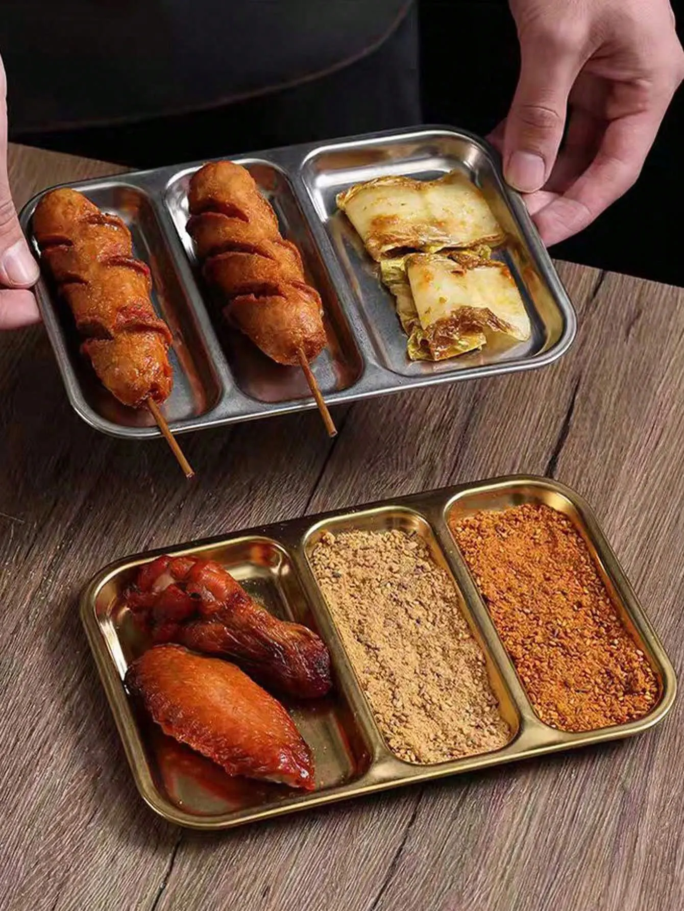 Retro 304 Stainless Steel Barbecue Plate with Compartments, Snack Plate, Special Plate for Barbecue Restaurants, Seasoning Plate, Dipping Sauce All-In-One Plate, 1 Piece