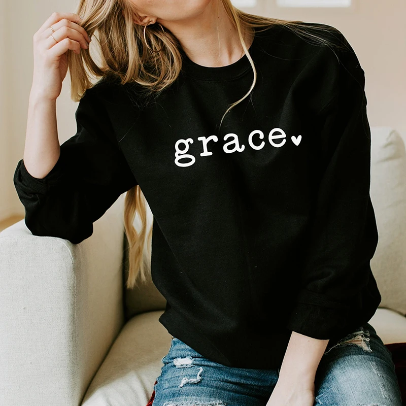 Grace Love Heart Religious Sweatshirt Women Long Sleeve Streetwear Outfits Christian Jesus Bible Hoodies Ladies Top Dropshipping