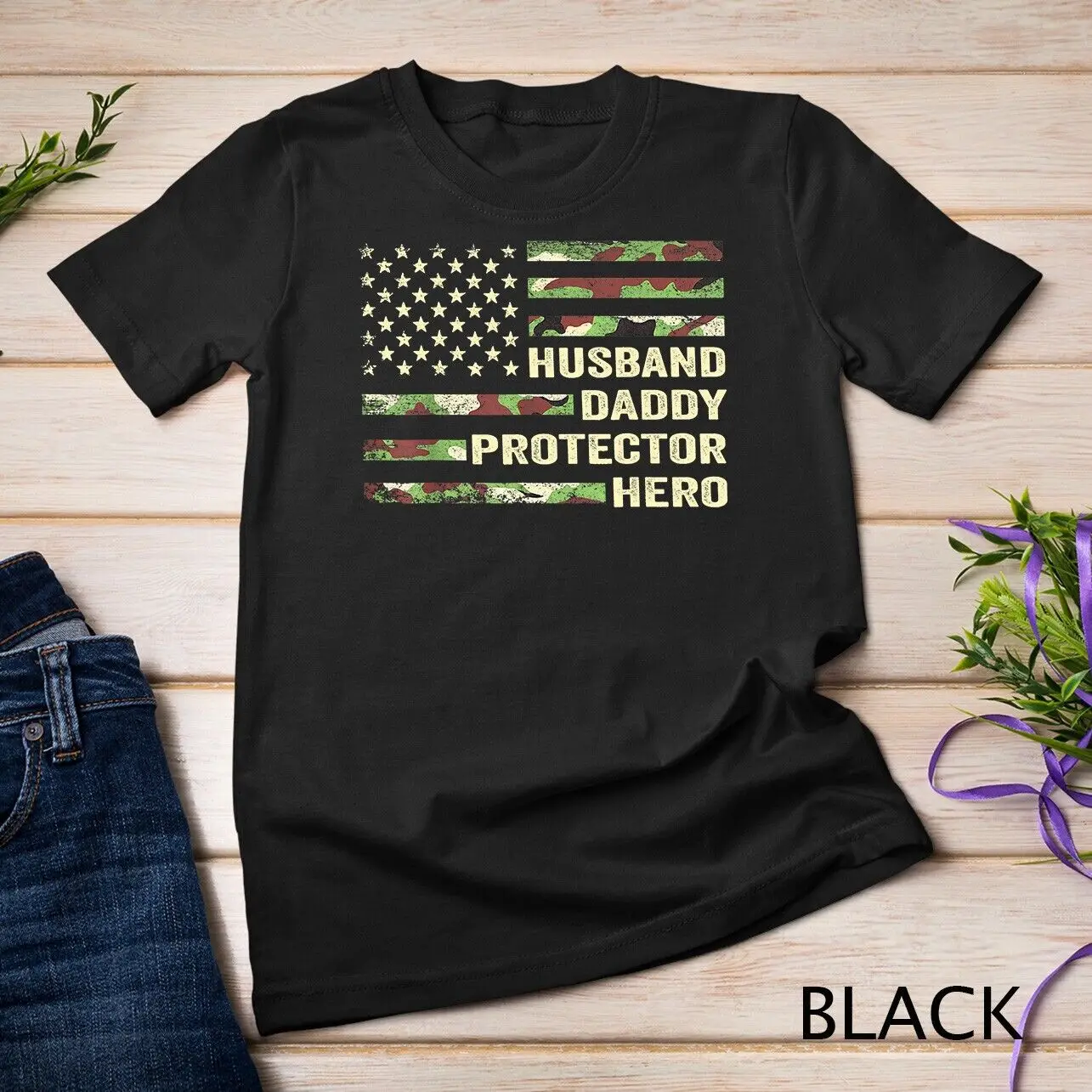 Mens Husband Daddy Protector Hero Shirt Fathers Day Flag Gift Tee Unisex T-shirt