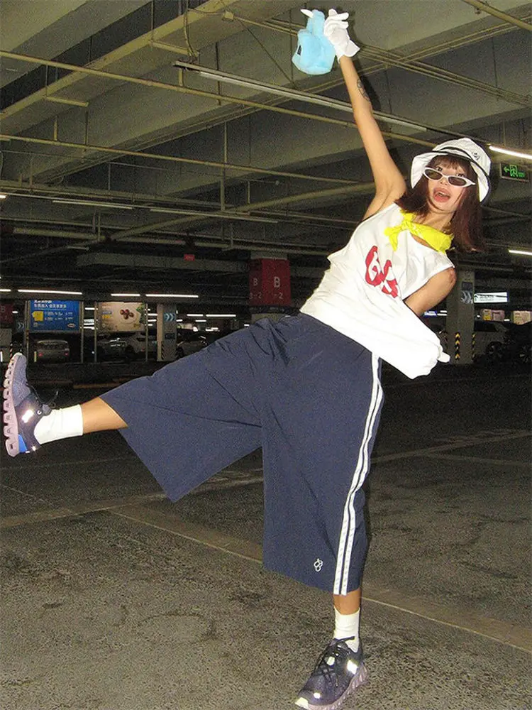 

Ретро-шорты в американском стиле для женщин: летние, свободные, с цветными блоками, широкие, повседневные, средней длины, модные, прямого кроя