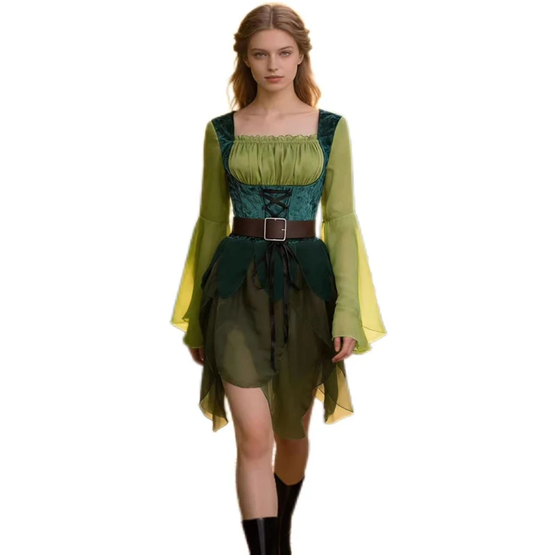 

Women's Elf Medieval Green Magic Fairy Cosplay Dress Halloween Christmas Party With Belt Costume Fancy Stage Performance Sets