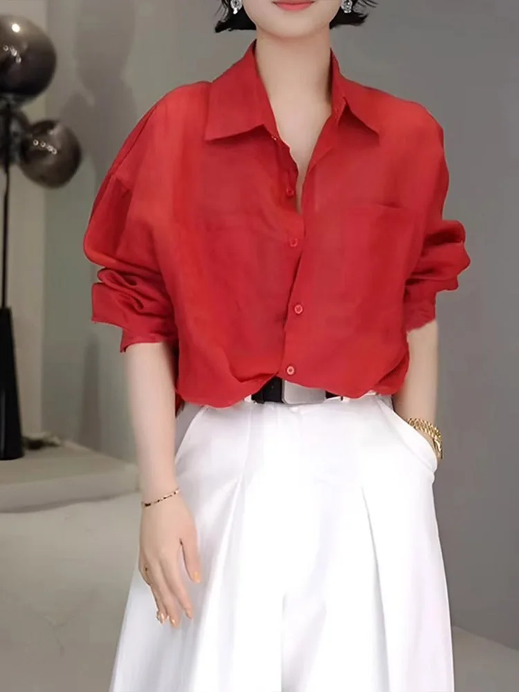 

Высококачественный красный льняной летний женский свободный повседневный длинный хлопковый льняной топ с воротником-стойкой для сезона 2025 года