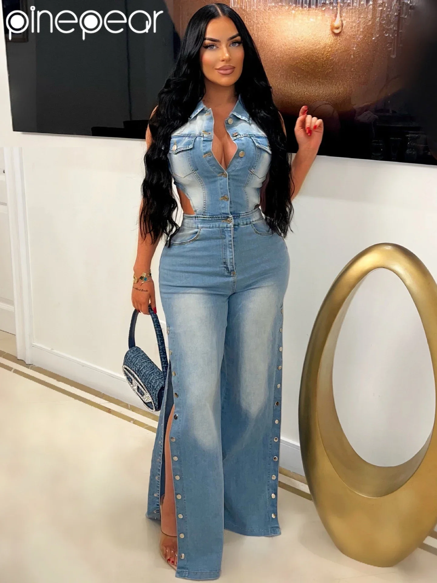 

PinePear 2025 NEW Women Button Slit One Piece Denim Jeans Overalls Sleeveless High Waist Turn Down Collar Wide Leg Pants Rompers