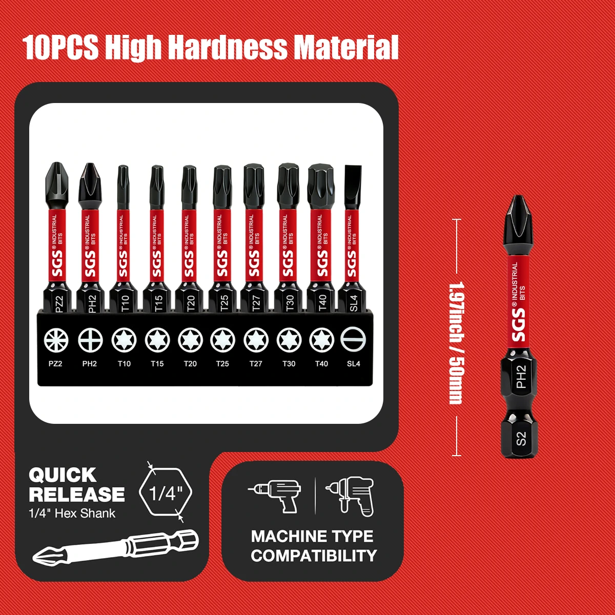 10-Piece Set of Phillips / Phillips-Shaped / Torx / Flathead Mixed Screwdriver Bits, 50mm, Industrial-Grade S2 Steel, Universal High-Hardness Repair Kit for Impact Drivers view 3