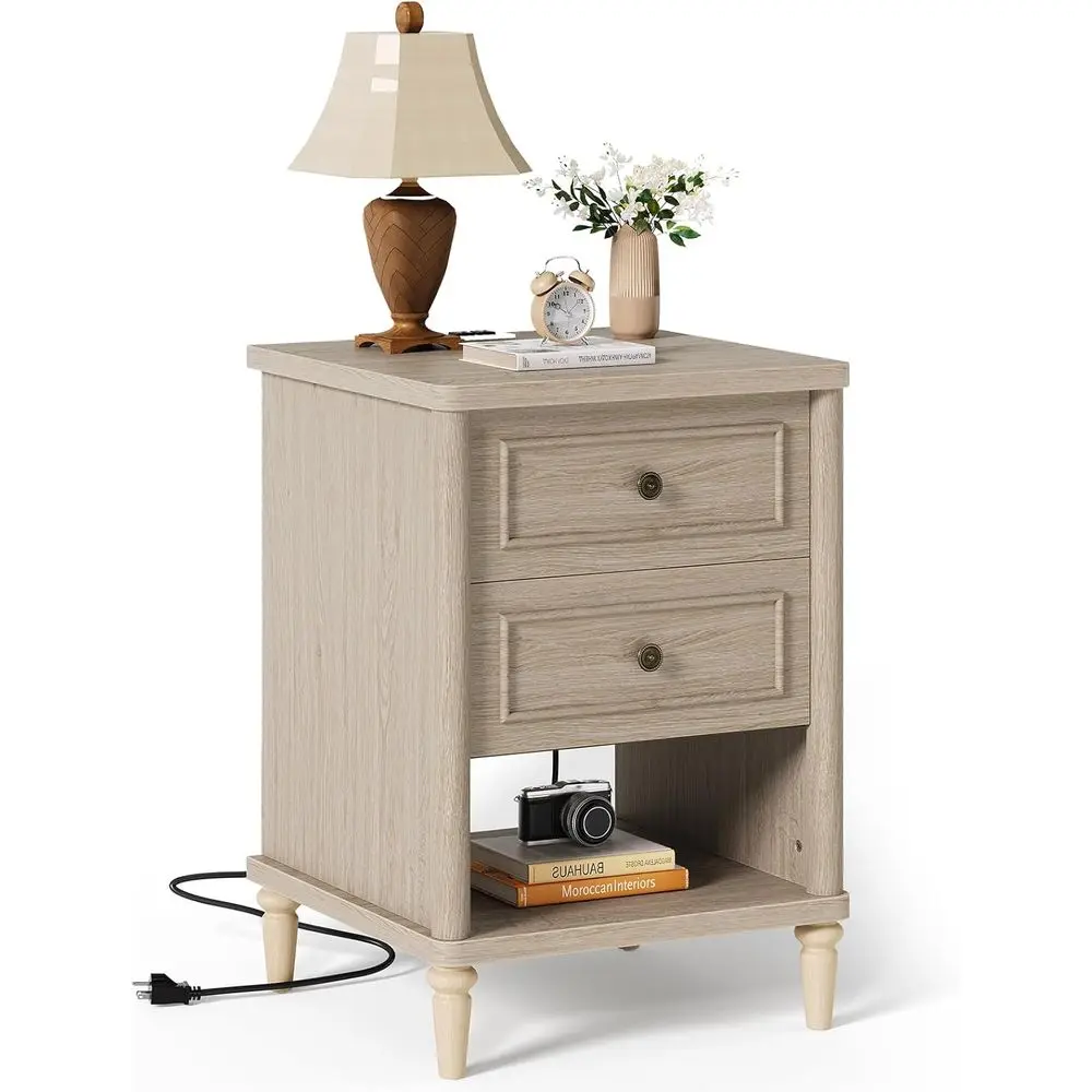 

Small Night Stand with Charging Station, 26.7" H Farmhouse Bedside Table with 2 Drawers & Open Shelf, Solid Wood, Customized