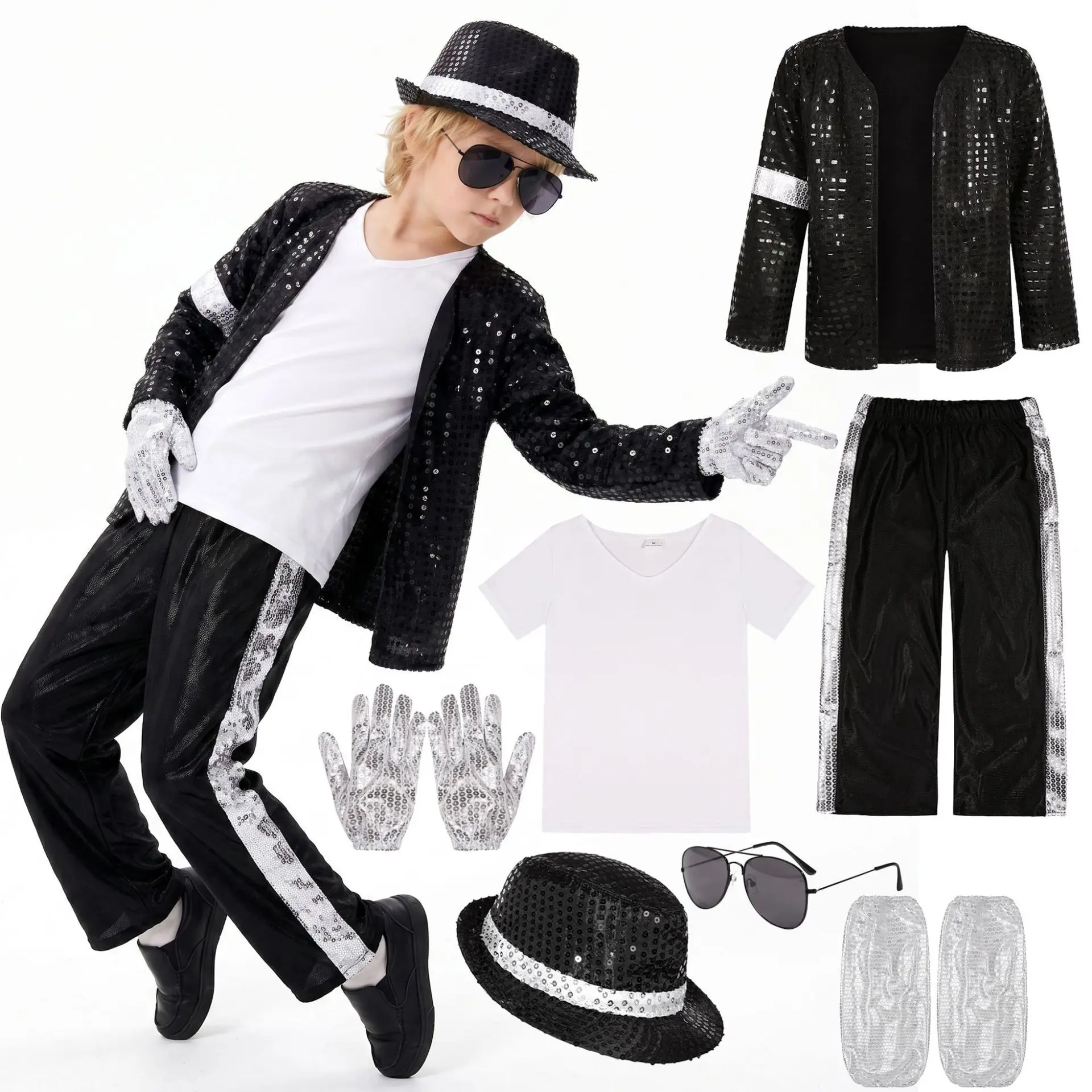 

Michael Jackson Costume Sequin Full Set with Hat Sunglasses Gloves for Stage Performance