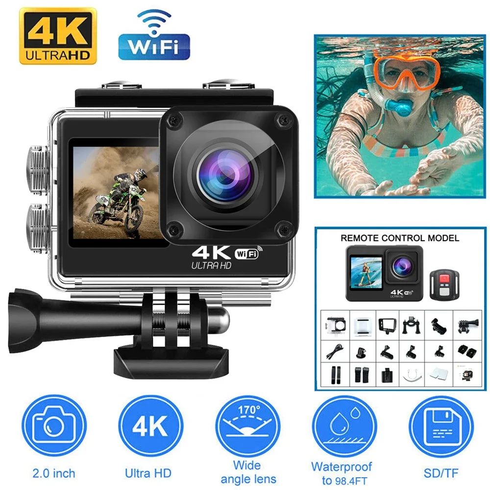 4K Action Camera 60FPS 16MP 2.0 Touch LCD EIS Dual Screen Wi-Fi 170D 30m Waterproof Remote Control 4X Zoom Go Sports Pro Cam