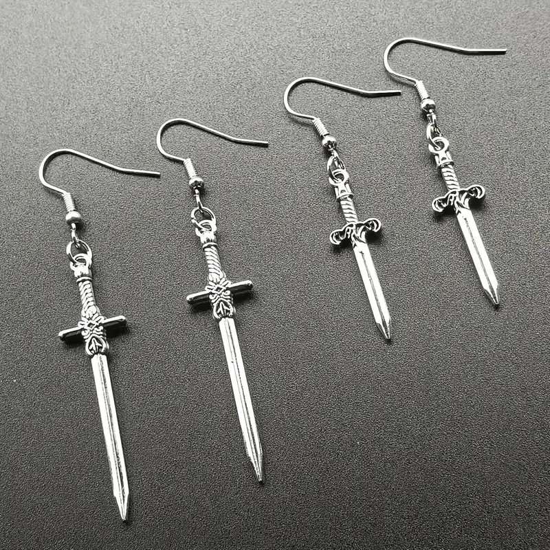 Vintage-Inspired Zinc Alloy Sword & Knife Pendant Earrings For Men - Fashionable Weapon Design