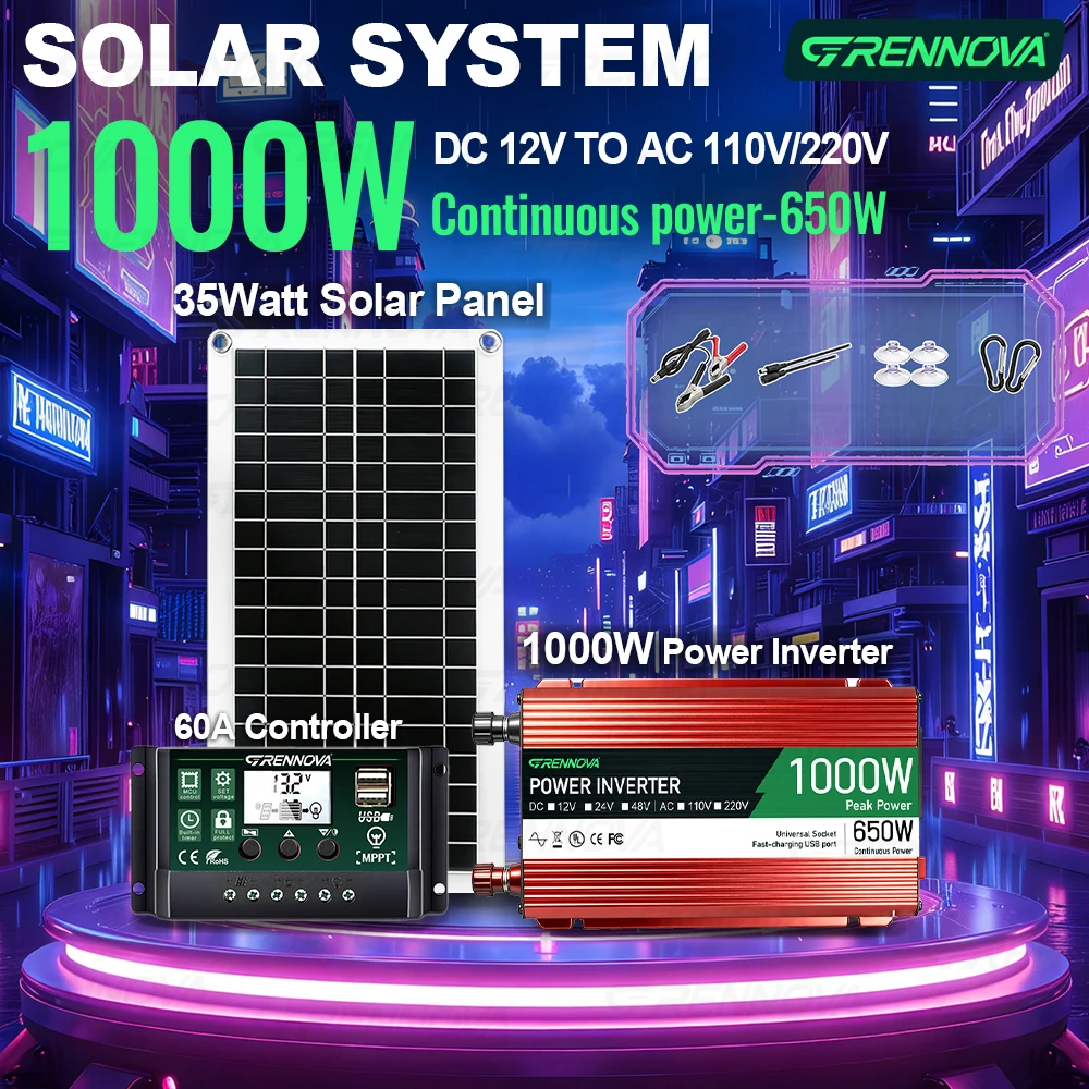 

Solar System Kit Power Setup with 35W Panel 60A Controller 1000W (650W Continuous) Inverter 12V To 110/220V Small Appliances RV
