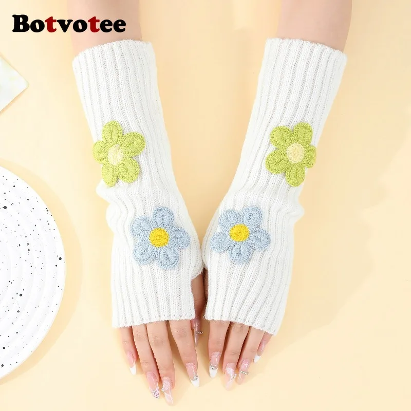 Botvotee Sleeves for Women Y2k Accessories Sweet Pink Flower Half Finger Arm Warmers Preppy Style Winter Knit Fingerless Gloves