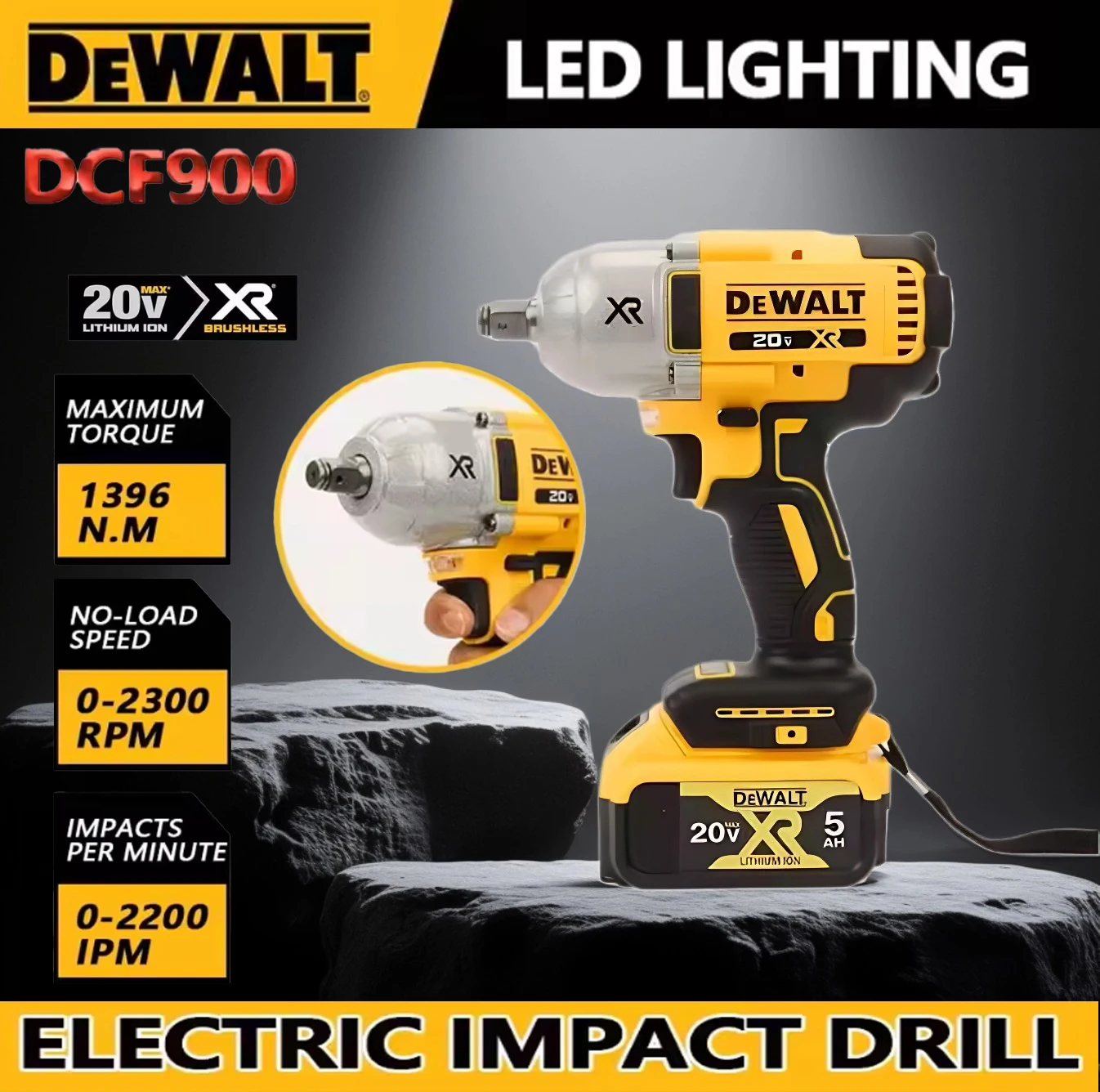 2025 DEWALT DCF9001/2 بوصة مفتاح ربط عزم دوران عالي بدون فرش، بطارية وشاحن DEWALT 20 فولت مضمونة الجودة