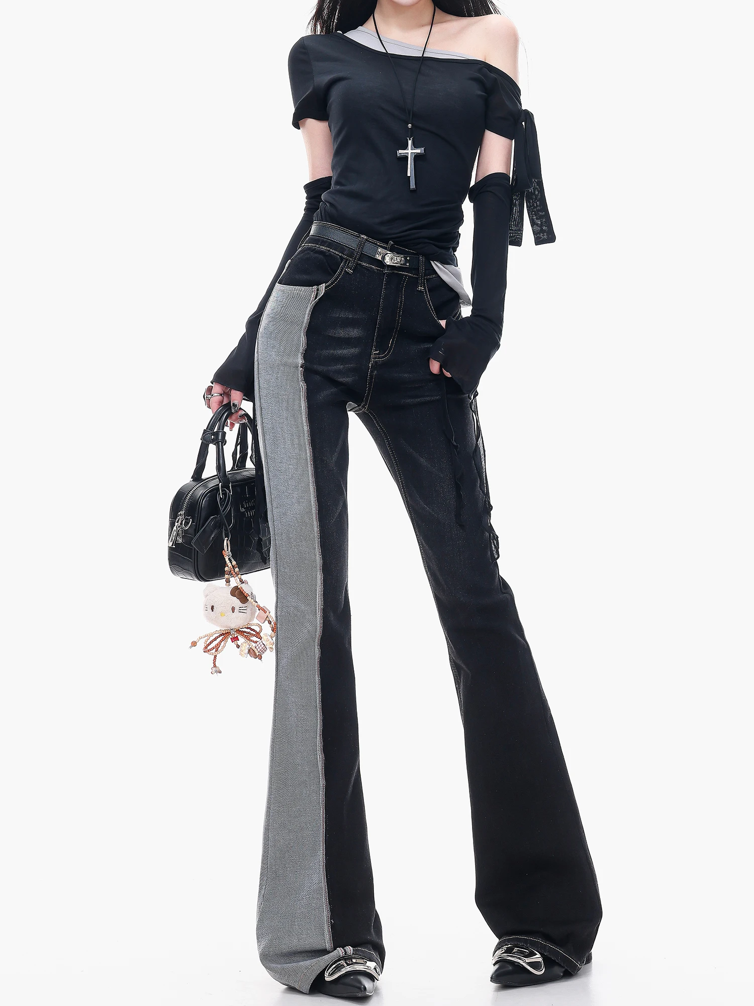 

Джинсы ABWLR Original American Retro Color Block Micro Flare из денима для женщин, с эффектом похудения, удлиненные, с возможностью индивидуальной подгонки