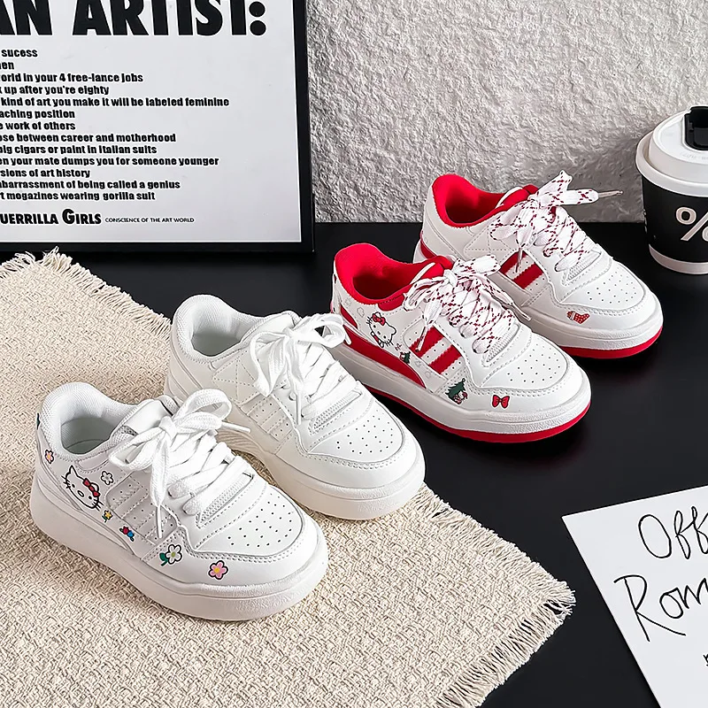 

Детская повседневная обувь ​ Кроссовки из искусственной кожи с рисунком Hello Kitty, весенние туфли с бантом для девочек, противоскользящие, дышащие, белые, красные, размер 26-36