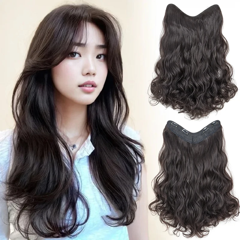 20Inch Synthetic Long Wavy Curly 4 Clip In Hair Extensions Heat Resistant Hairpiece Black One Piece Fake Hair For Women