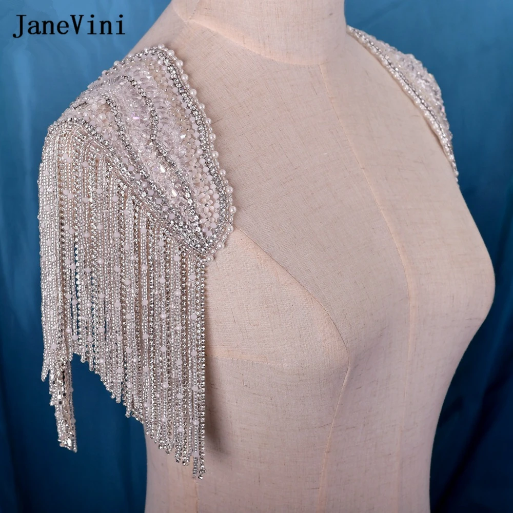 JaneVini 2022 New Luxury Beaded Tassels Rhinestone Patches Embellishment 3d Detachable Sewing Appliques for Bridal Wedding Dress