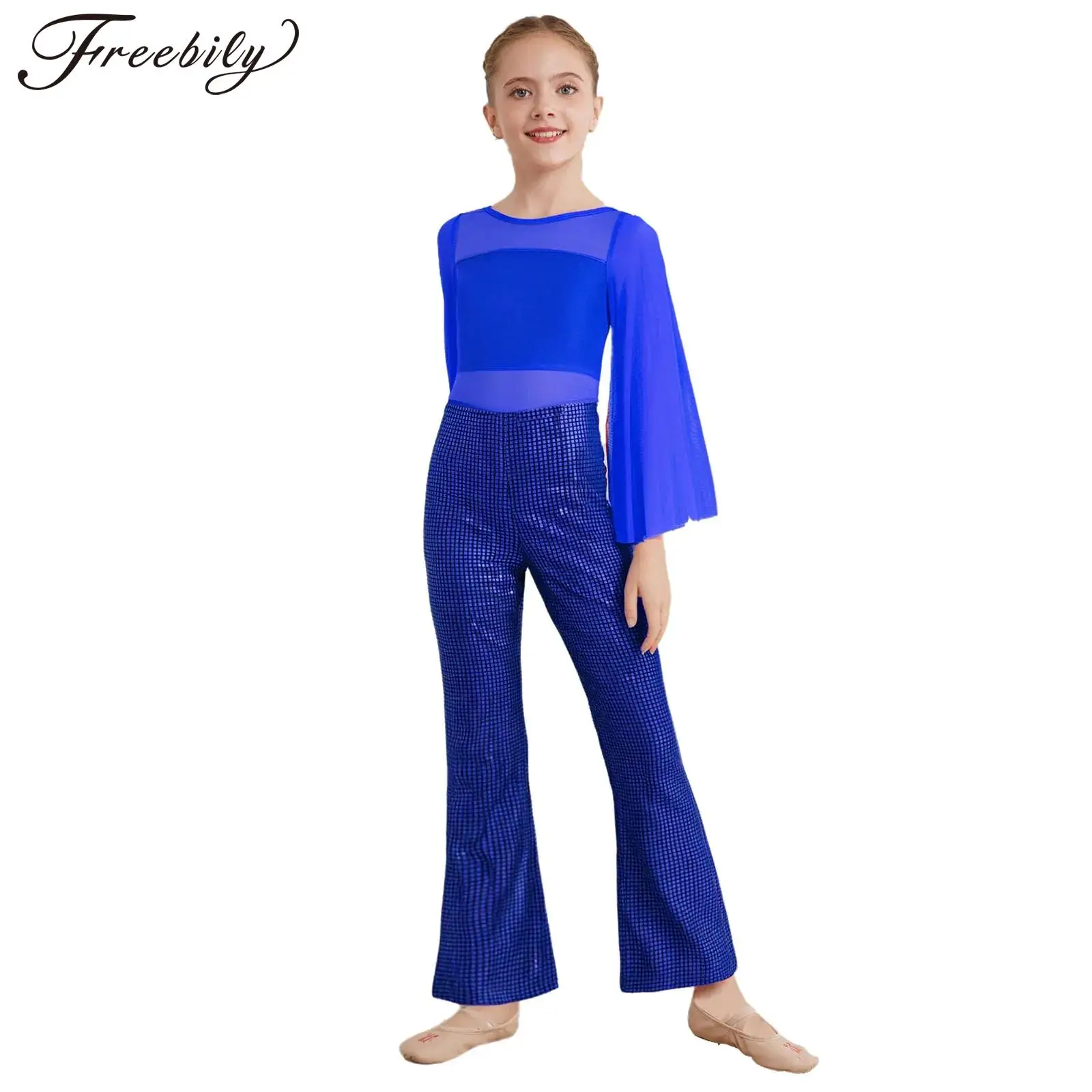 

Children Girls Jazz Dance Jumpsuit Sheer Mesh Long Sleeves Metallic Plaid Bell-Bottom Bodysuit Ballet Gymnastic Modern Dancewear