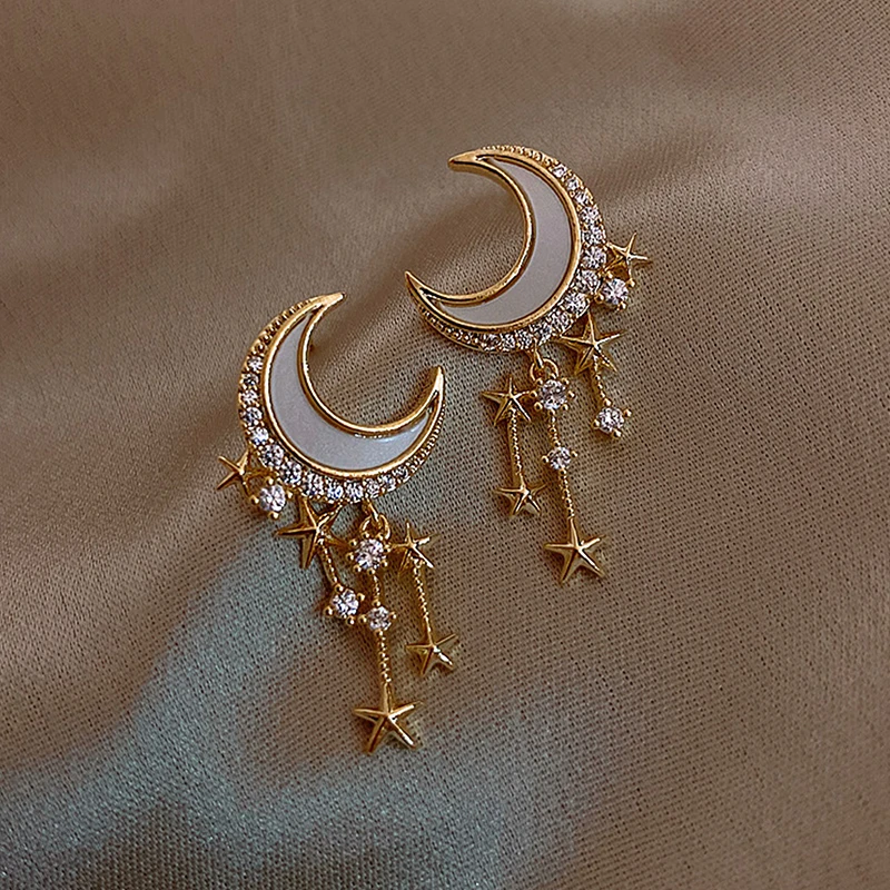 Anting-anting Juntai bulan trendi baru untuk wanita anting-anting zirkon geometris liontin berlian imitasi anting-anting pesta perempuan hadiah perhiasan