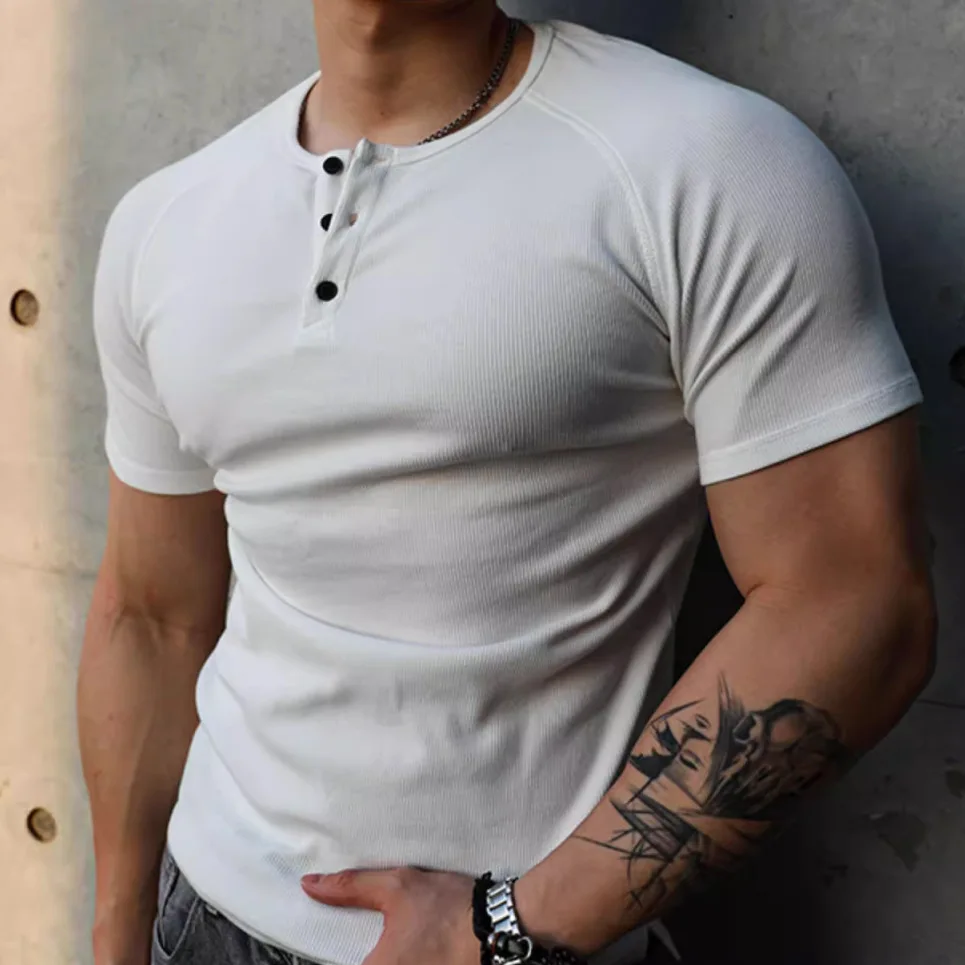 

Beach Holiday Casual Men's Pullover T-shirt Top, Summer Fashion Simple Solid Color Men's V-neck T-shirt, Soft Fitness Sports Top