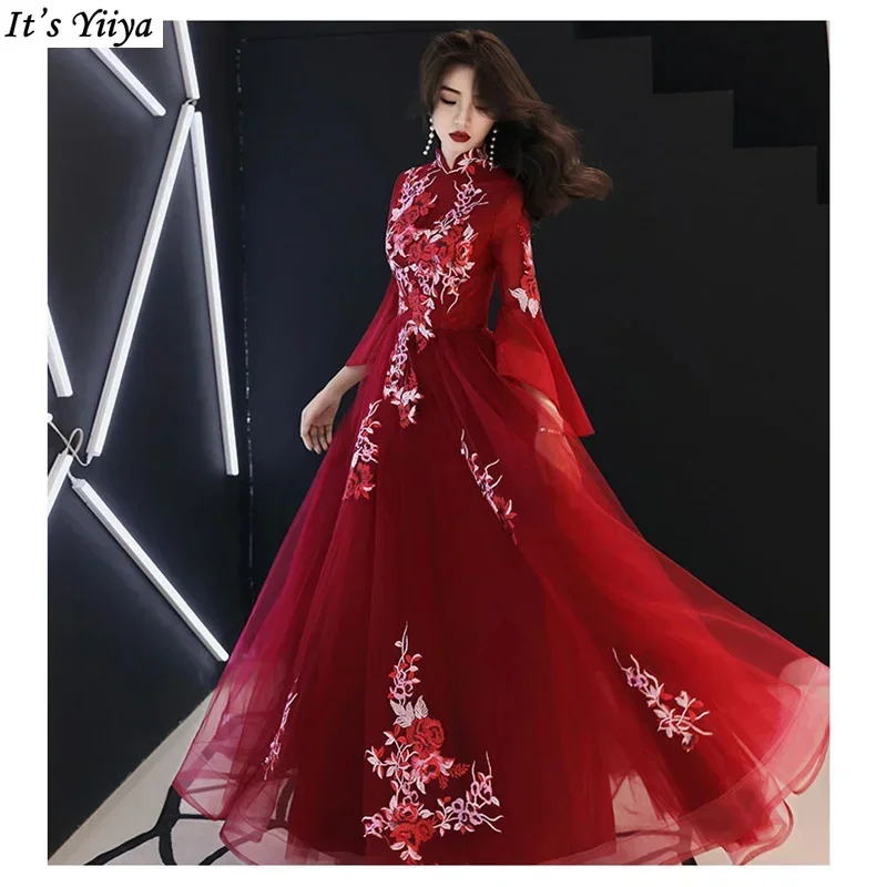 

It's YiiYa Customized Evening Dress Wine Red Floral 3/4 Sleeves A-line Floor Length Party Formal Gowns Robe de Soiree Plus Size