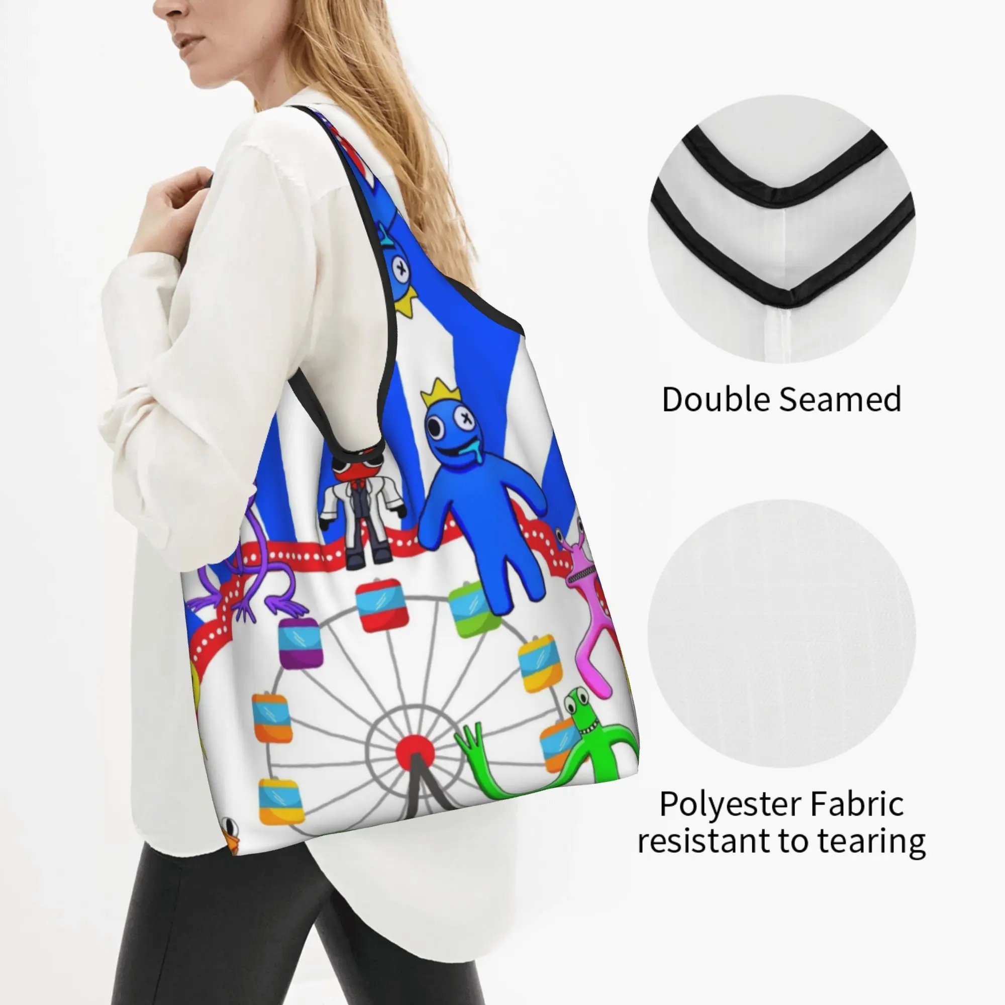 Kawaii Printed Game Rainbows Friends Shopping Tote Bags Portable Shoulder Shopper Cartoon Anime  Handbag