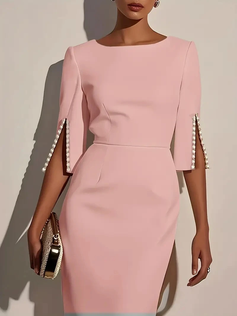 Pearl Embellished Half Sleeve O-Neck Elegant Office Wear Women's Solid Color Pencil Midi Dress