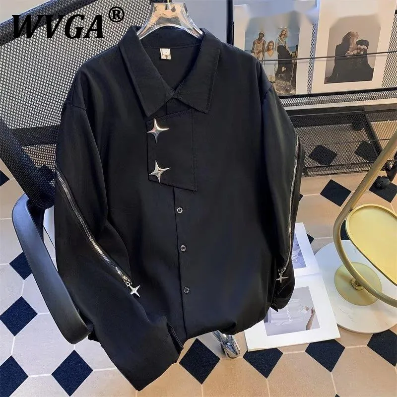 

WVGA Spring Autumn New Men's High Street Vintage Long Sleeve Zipper Design Shirts Niche Chic Casual Turn-Down Collar Shirt C6899