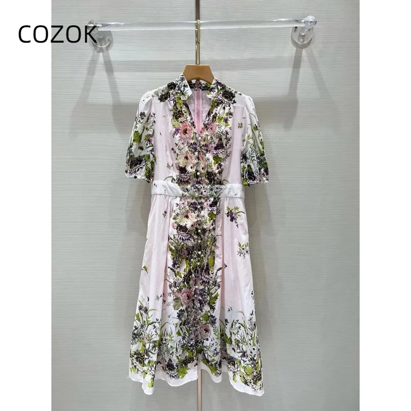 

2024 New Women's Printed Fashion V-neck Bubble Sleeves Waist Wrap Dress