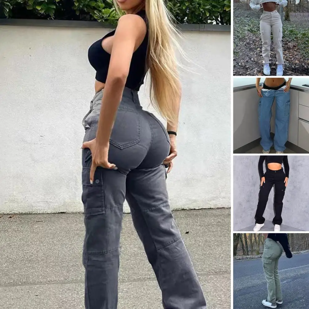 Women Cargo Pants Multi Pockets High Waist Long Trousers Solid Color Butt-lifted Breathable Button Zipper Closure Lady Pants