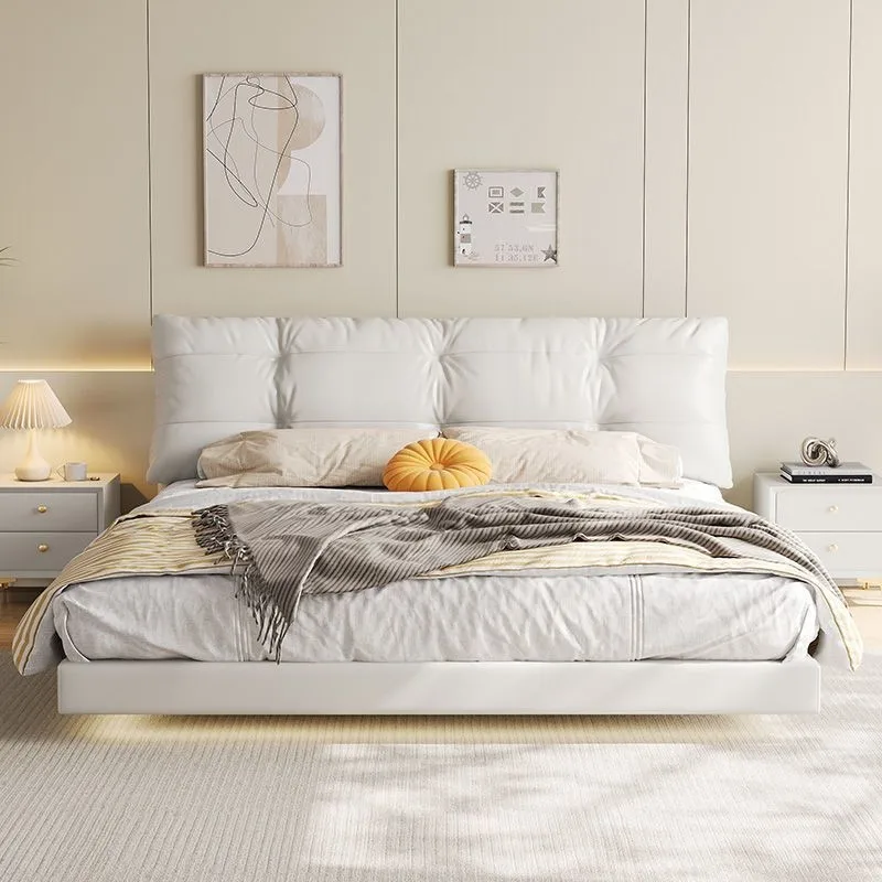 

2024 new cream wind suspension bed modern simple double bed small apartment master bedroom Italian light luxury leather art bed