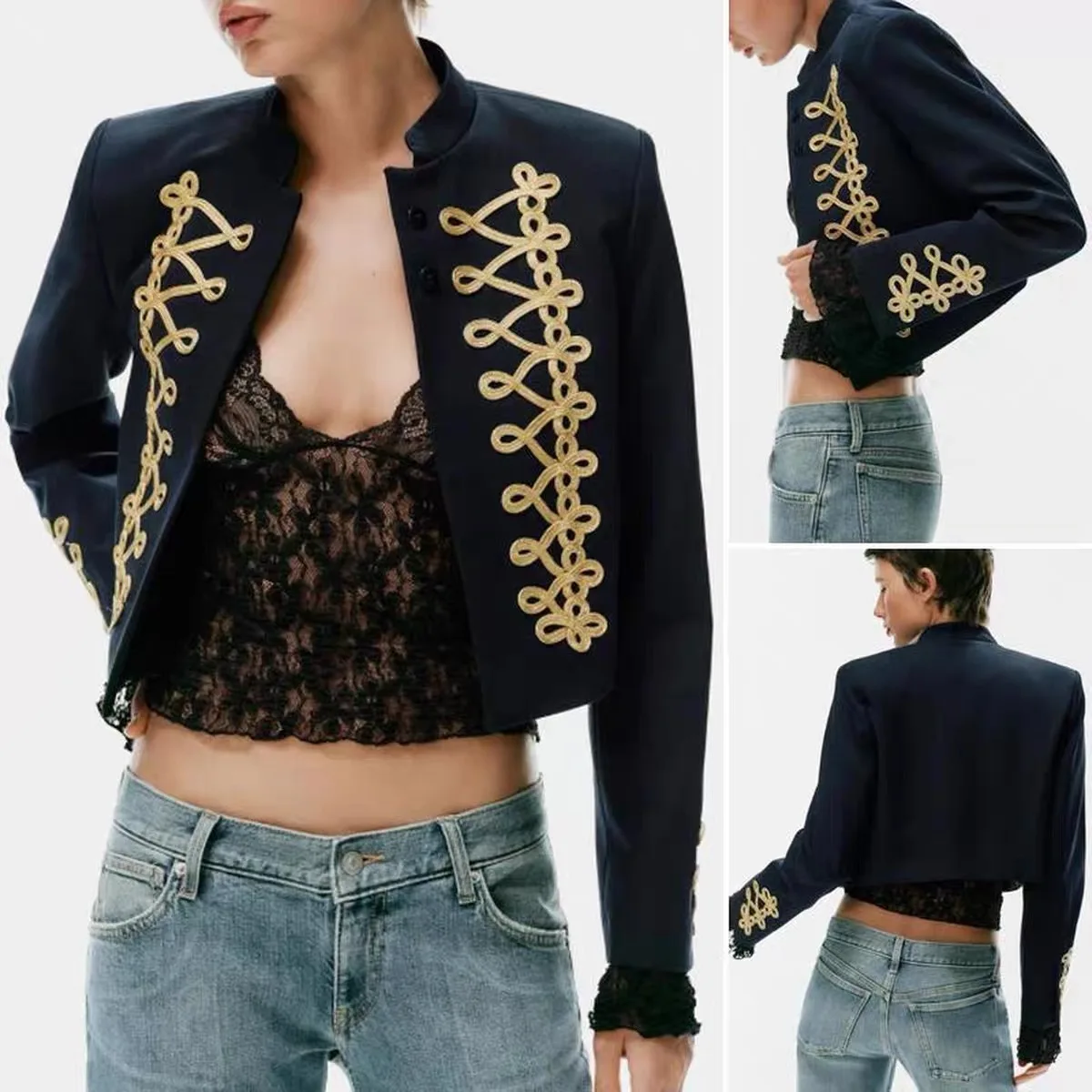 Fashionable Early Autumn Short Suit Jacket Women's Zipper Closure Rope Knot Buckle Slim Fit Polyester Fiber European Style
