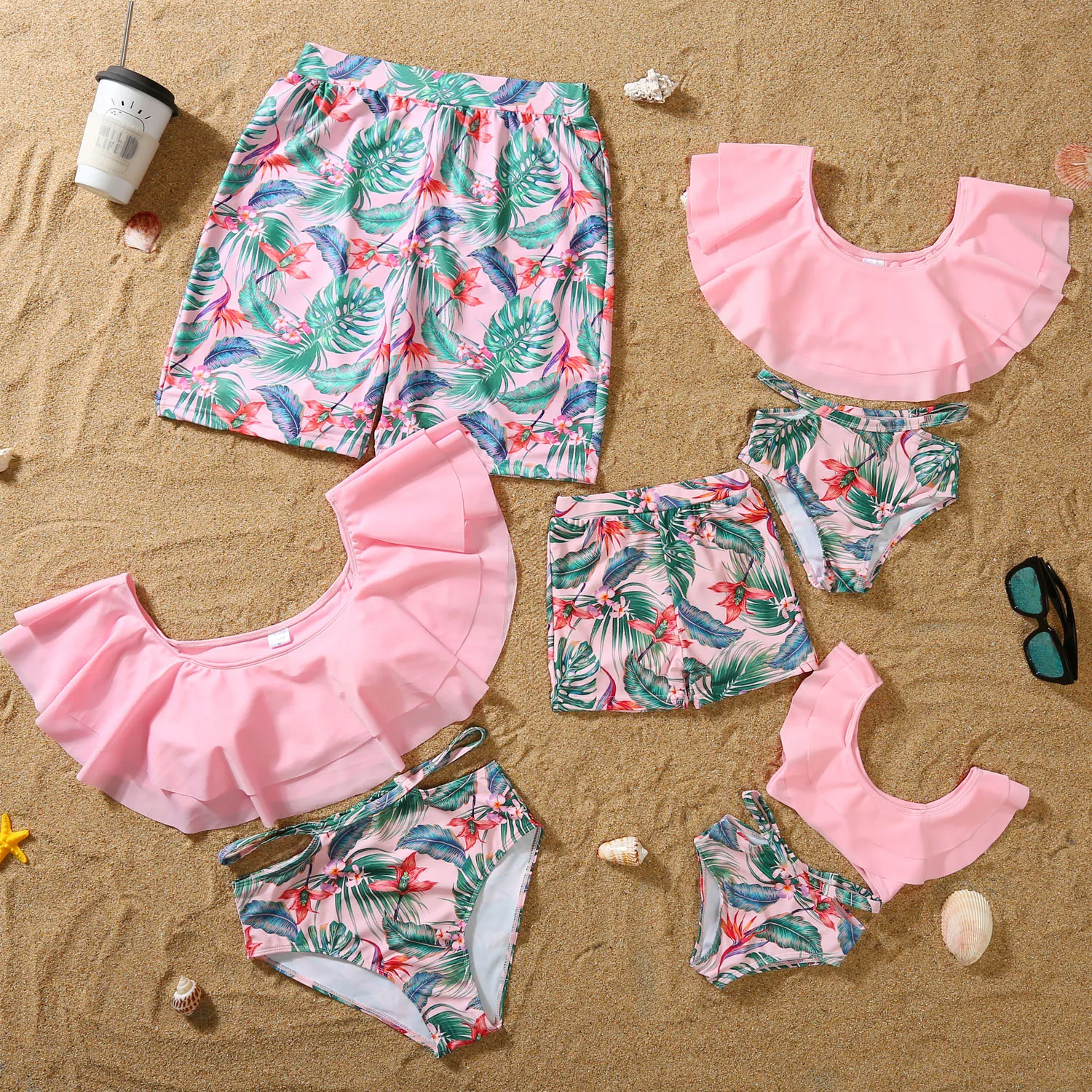 Trajes de Baño Familiares a Juego para Verano 2026: Bikini y Ropa de Playa con Estampado de Hojas para Mamá, Papá, Hijo y Hija