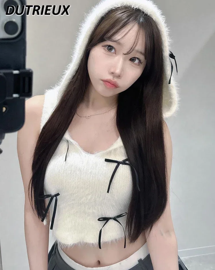 

Japanese Sweet Cute Bow Lace-up Hooded Short Plush Vest Spring and Autumn New Solid Color Girls Versatile Knitted Sleeveless Top