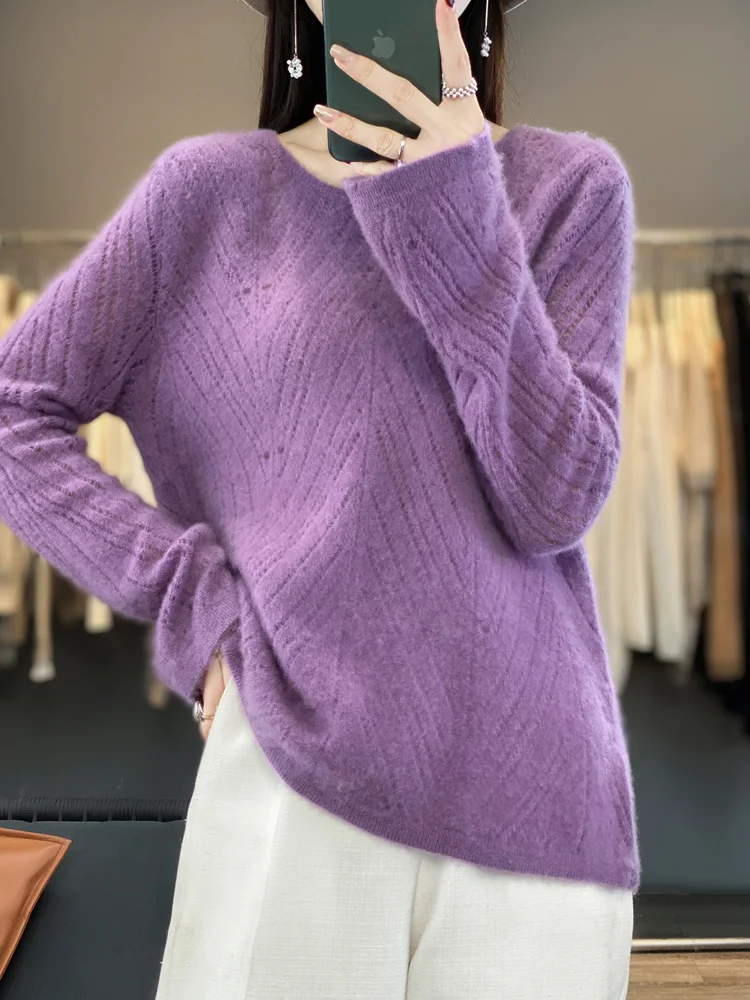 Spring Autumn 100% Merino Wool Women Sweater O-Neck Stripe Hollow Out Solid Color Pullover Long Sleeve Soft Casual Clothing Tops