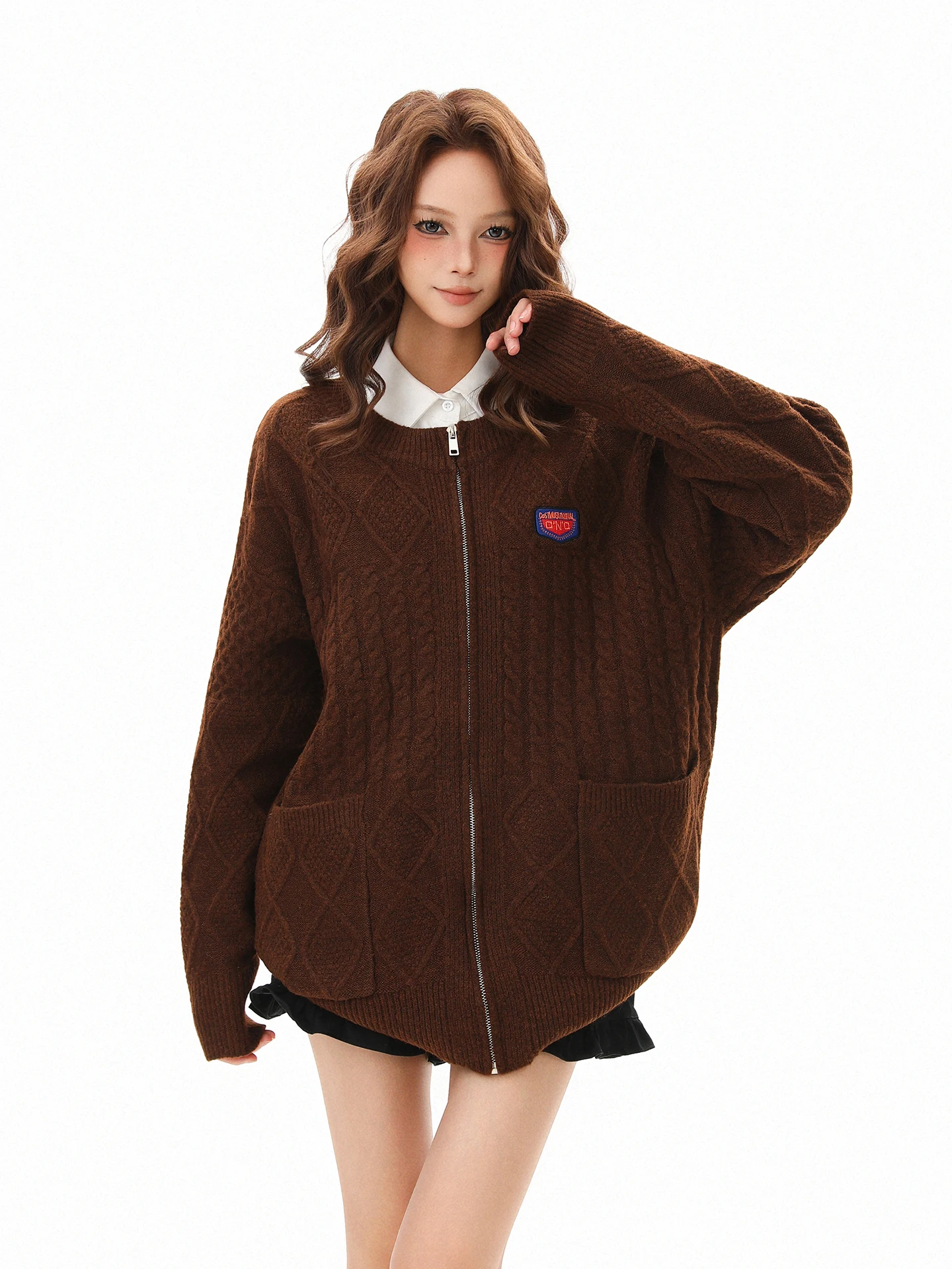

Boeax American Retro Twisted Knit Design round Ne Knitted Sweater Women Winter New Loose Feel Zipper Jaet Girls Faion