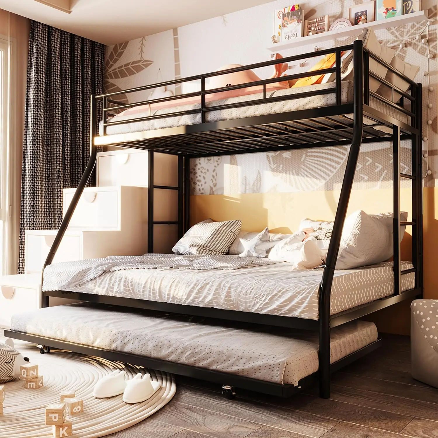 Twin Over Full Bunk Beds with Trundle, Heavy Duty Metal Triple Bunk Bed Frame, 3 Beds Space Saving Bunk Bed with, Customized