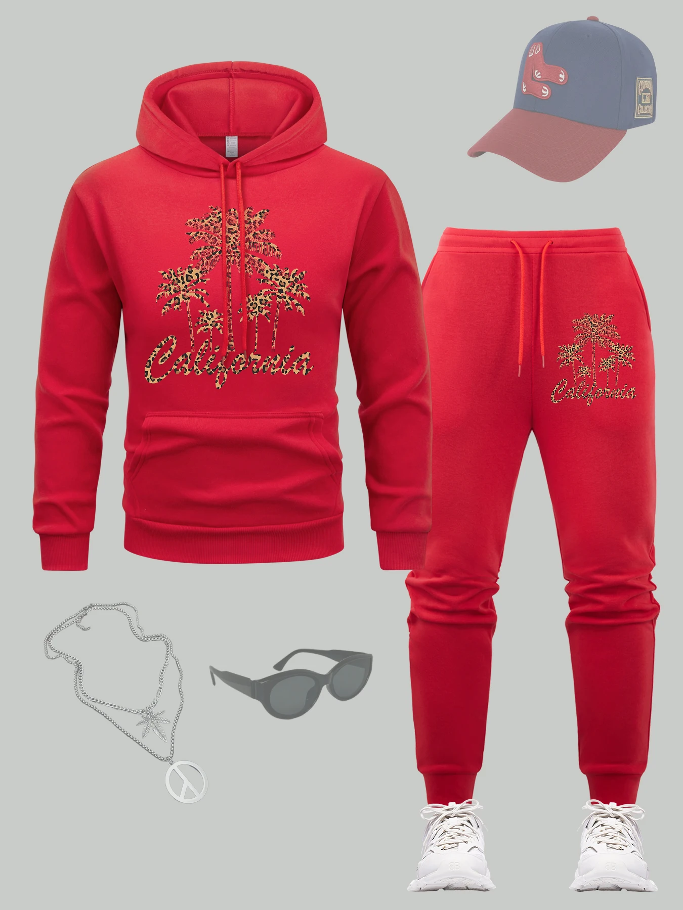 

California Coconut Tree Print Men Tracksuits Sets All-Match Fleece Hoodie Set Street Casual Hoodies Warm Soft Sweatpants