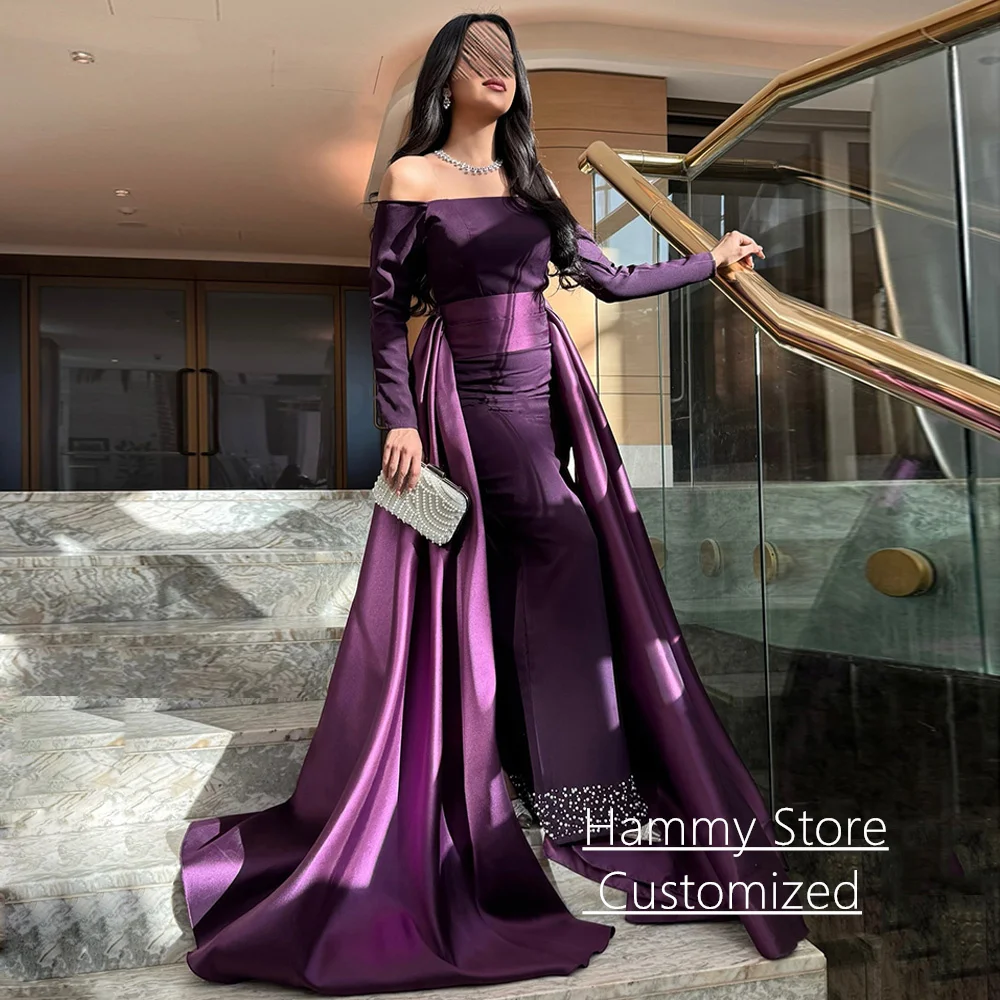 Elegancka suknia wieczorowa szyta na miarę z dekoltem w łódkę, długimi rękawami, długości do podłogi, zdobiona koralikami, formalna suknia balowa z trenem, sukienki na przyjęcia.