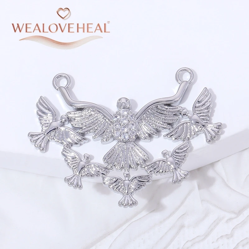 anhänger schmuck,anhänger schmuckherstellung,18K vergoldeter Messing-Taubenanhänger mit Zirkonia, mehrfacher Friedenstauben-Verbinder-Charm für DIY-Halsketten- und Armband-Schmuckherstellung – Detail 18